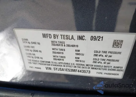 2021 Tesla Model S from USA, damaged, VIN 5YJSA1E53MF443573